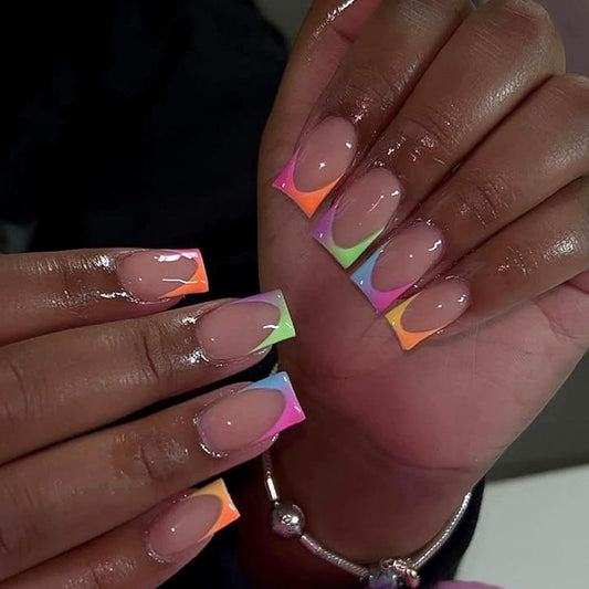 MISUD Press on Nails - Short Square Glue on Nails with Colorful French Tip, Acrylic Summer Rainbow Design 24 pcs