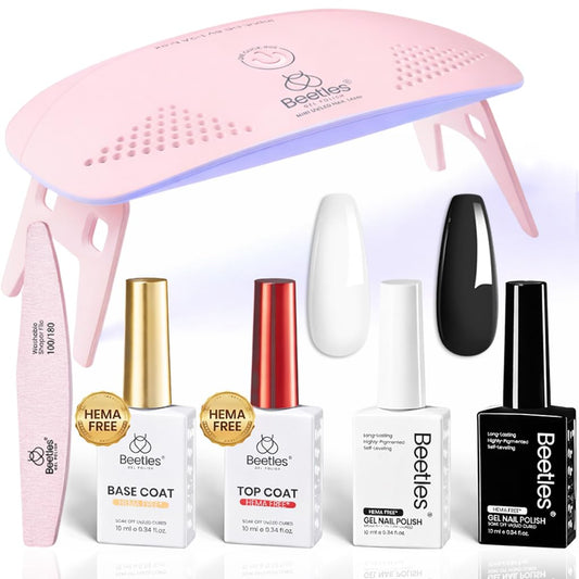 Beetles 2 Colors 10ML HEMA-Free White Black Gel Nail Polish Kit with U V Light, 6 Pcs Gel Polish Set Classic DIY Manicure Kit with Base &Top Coat Nail File Soak Off Home Salon Women Gifts