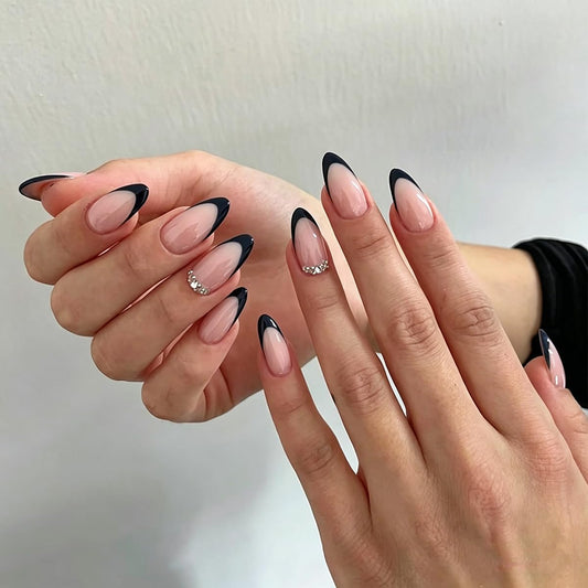 Black French Tip Press on Nails Medium Almond Nails Press ons with 3D Rhinestone Designs Nude Fake Nails Reusable Glue on Nails for Women, Elegant Classic Manicure, 24Pcs