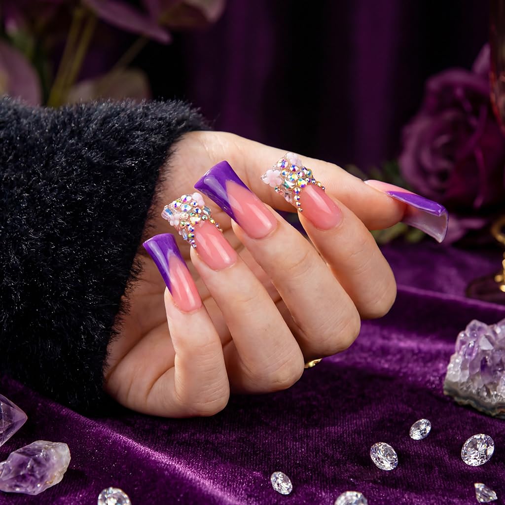 IntoVibes 10 Pieces Handmade Luxury Metallic Electric Purple Shimmer With AB Crystal Shine Long Press On Nails With Bling Rhinestones And Y2K Princess Vibes, Reusable Acrylic Nails (M)