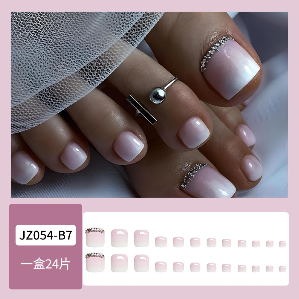 Nude Ombre Press on Toenails Glossy Fake Toe Nails Rhinestone Glue on Toenails Gradient Pink White Acrylic Toe Fake Nails Natural False Toenails Full Cover Stick on Nails for Women Manicure 24pcs