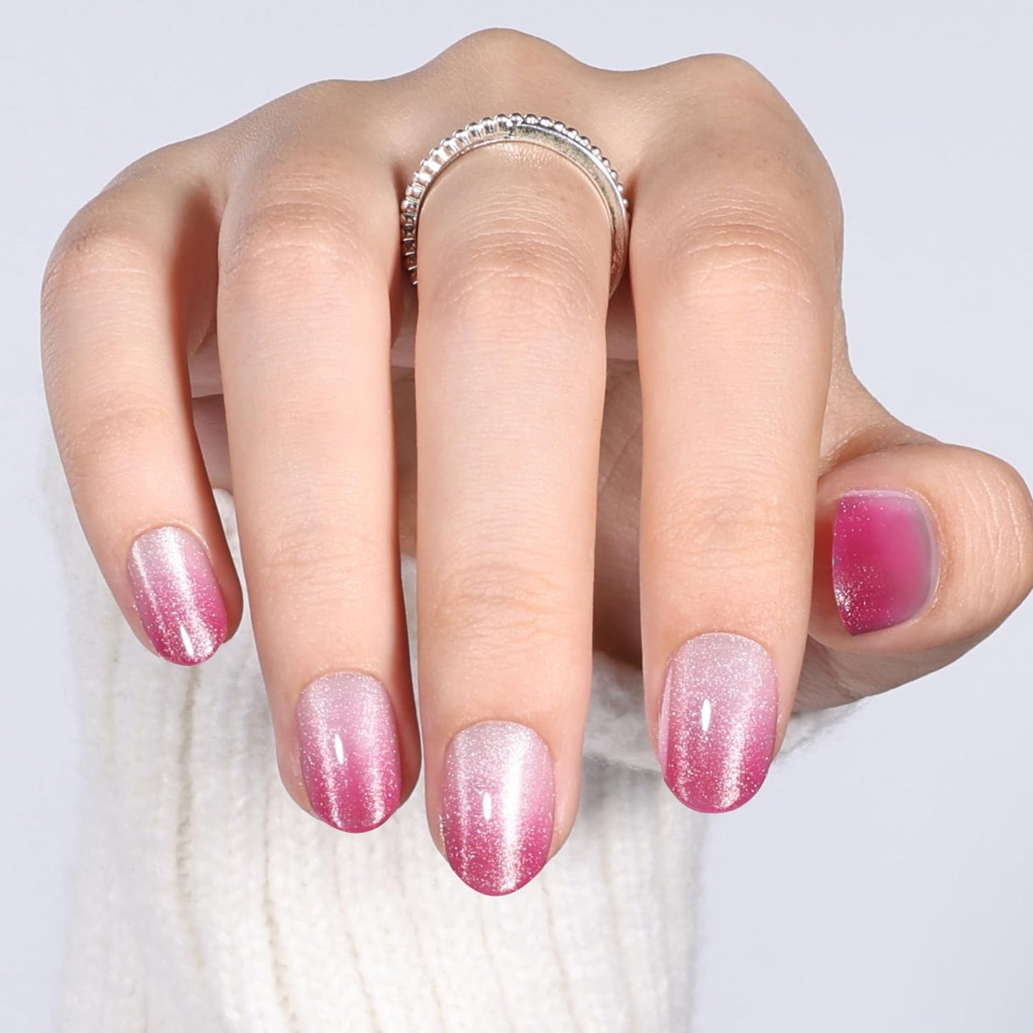 Pink Cat Eye Press On Nails Oval - Ombre Pink Short Oval Fake Nails, Red Cateye Press On Nails Reusable Stick On Nails in 16 Sizes, 32pcs False Nail Kit for Women & Girls (Fading Bloom)