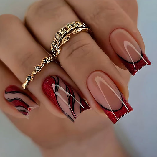 Vezocim Red Press on Nails Square Shapes 24Pcs French Tips Glossy Full Cover Medium Acrylic Square False Nails with Line Designs Artificial Coffin Fake Nails Glue Stick ons Fingernails for Women