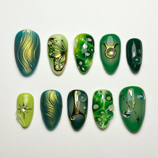 24Pcs Dark Green Press on Nails Short Almond Fake Nails Gold Butterfly Full Cover Spring False Nails Glitter Rhinestones Star Glue on Nails 3D Summer Stick on Nail Marble Green Acrylic Nails for Women