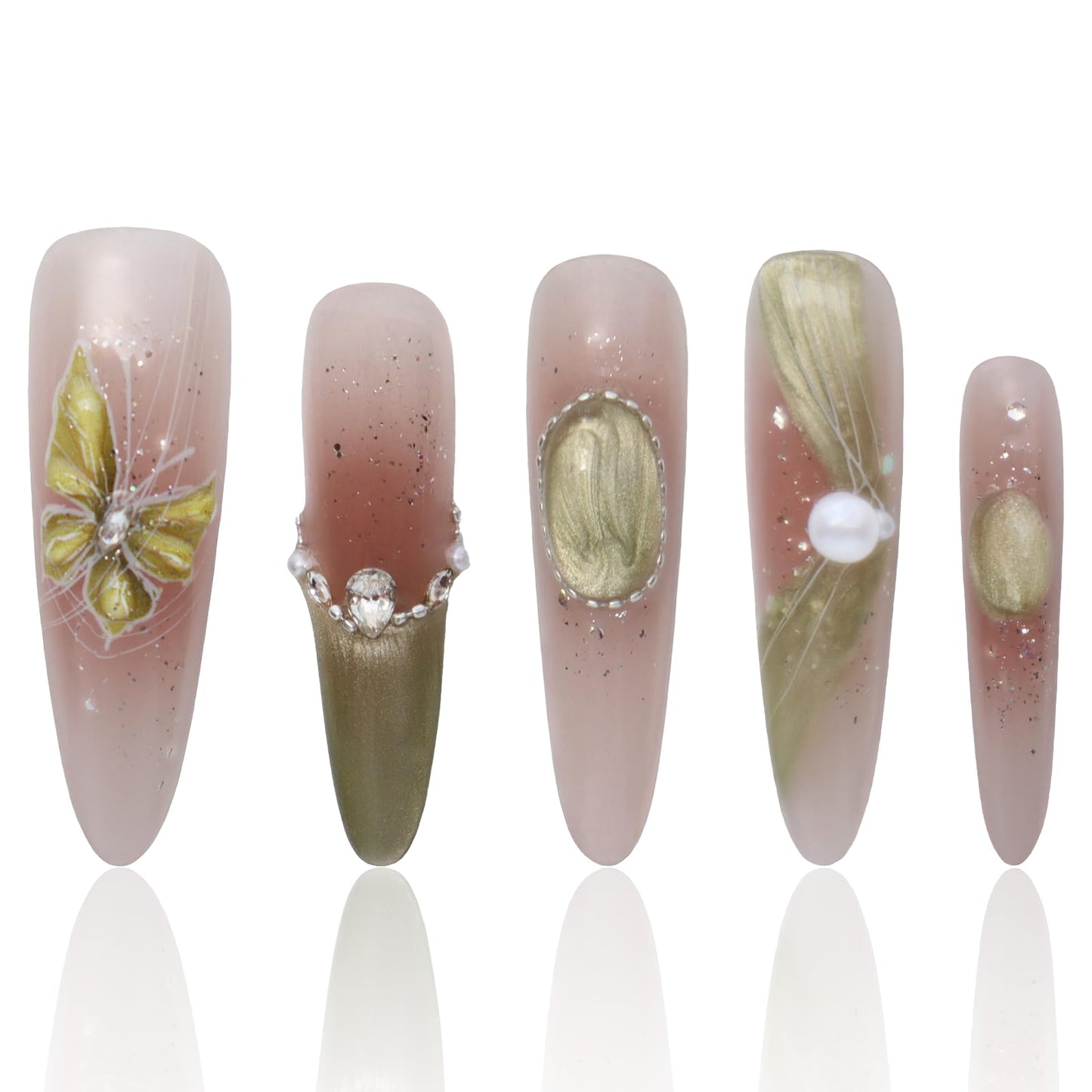 Handmade Press On Nails Long Green Fake Press On Nails Acrylic Natural Nails Women Gift Ideas French Tip Nails With Pearl Designs COOLYOUNG 15 PCS, Size L