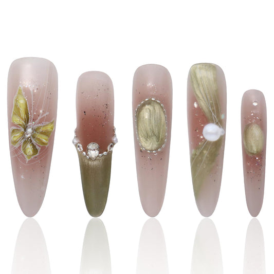 Handmade Press On Nails Long Green Fake Press On Nails Acrylic Natural Nails Women Gift Ideas French Tip Nails With Pearl Designs COOLYOUNG 15 PCS, Size L