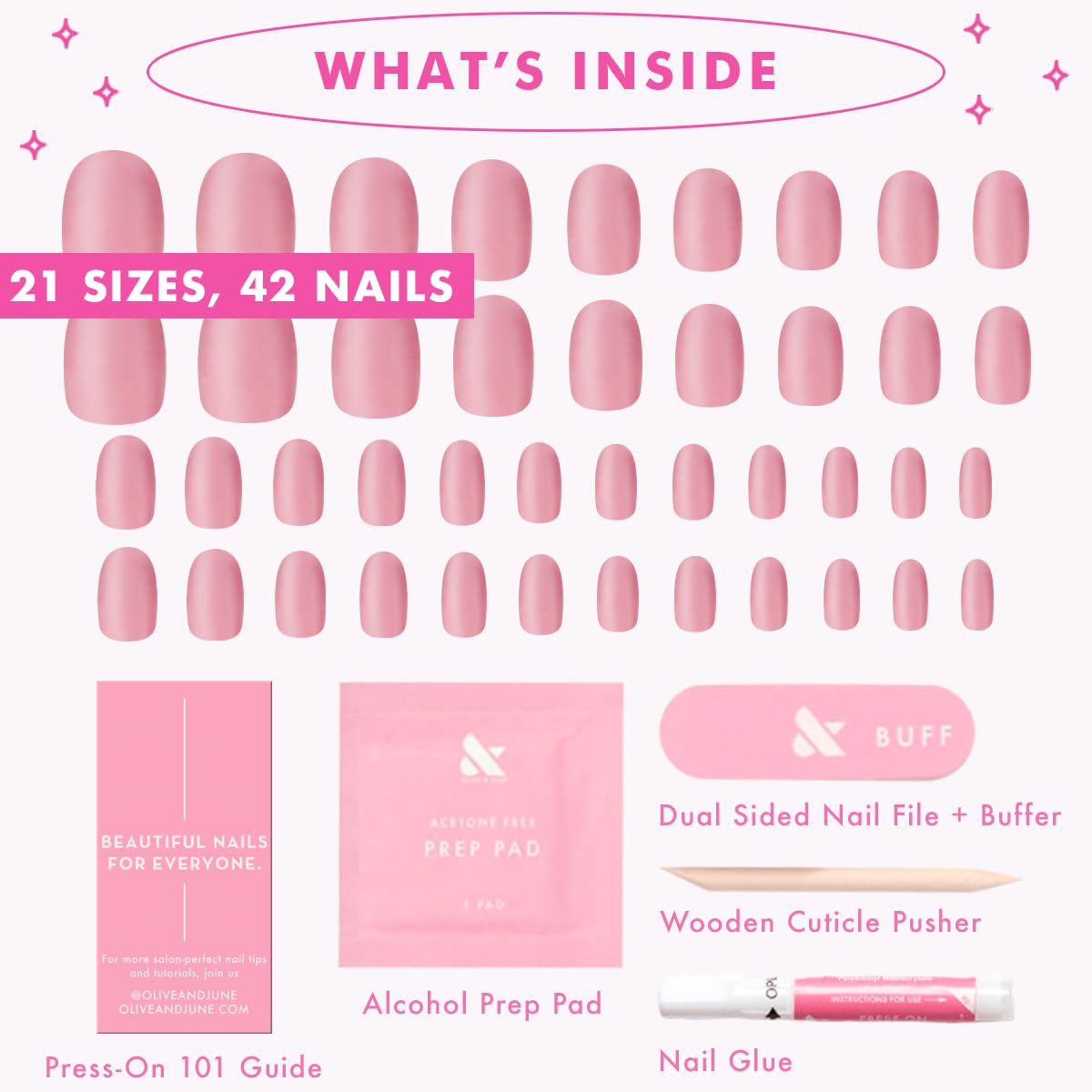 Olive & June Instant Mani Press On Nails (Glue) | Mauve | Extra Short, Round | 42 Fake Nails, 21 Sizes | Non-Toxic, Long-Lasting | Recycled Materials | Realistic Look | World Lit