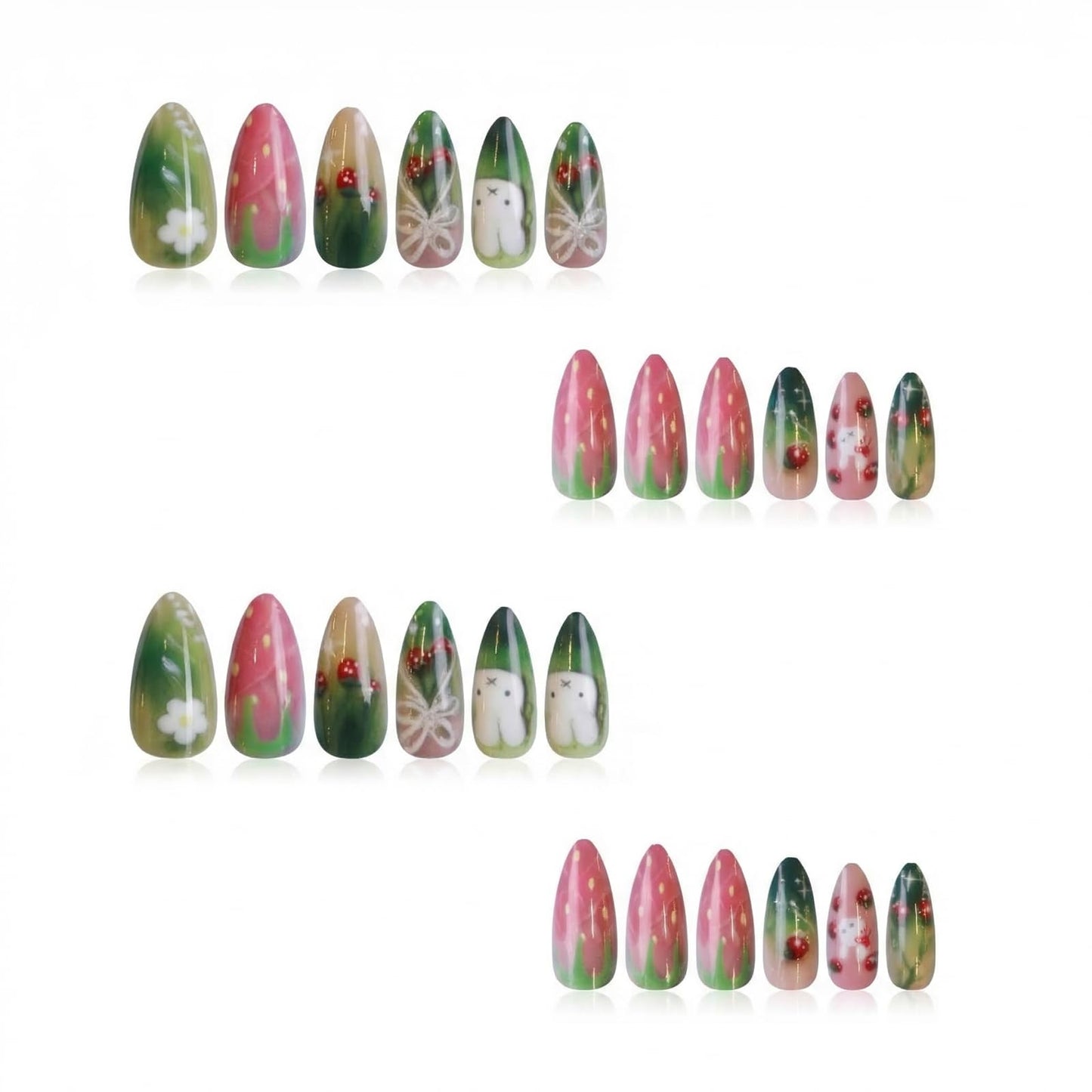 IMSOHOT Medium Almond Press on Nails, Kawaii Bunny & Strawberry Design, 24 Pcs Glossy Fake Nails with Glue for Women Girls