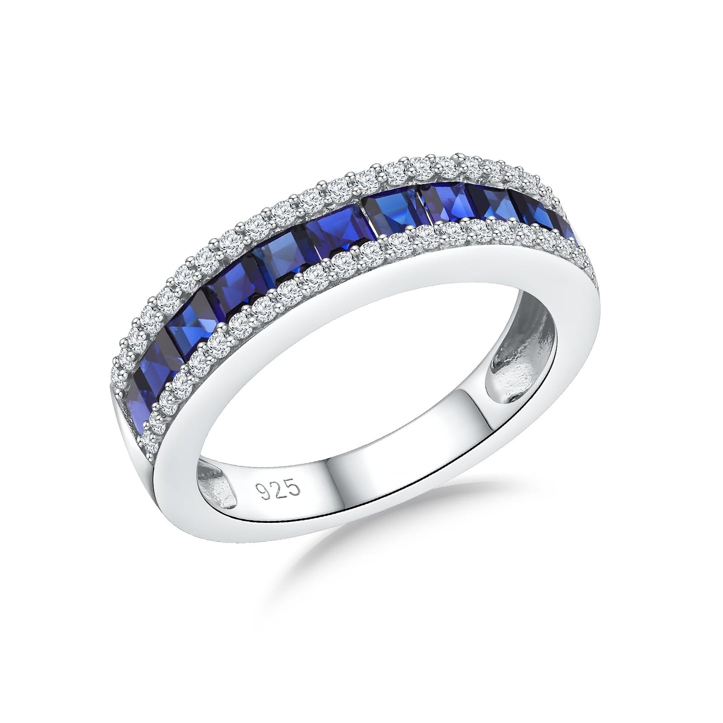 RANDES 925 Sterling Silver Blue Sapphire Eternity Band Rings for Women Channel Set Princess Cut Engagement Wedding Ring Size 10