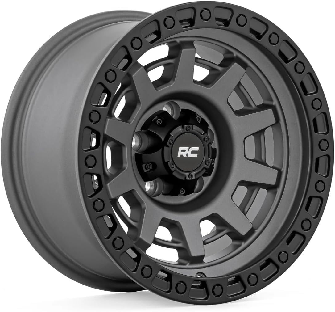 Rough Country 85 Series 15x8 Wheel - 5x4.5" Bolt Pattern, 19mm Offset, Gunmetal Gray with Black Simulated Beadlock, One-Piece Aluminum Off-Road Wheel