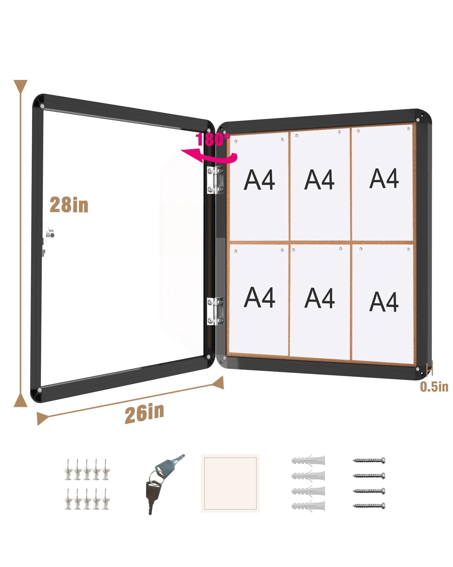 Mifuro 28"x26" Enclosed Bulletin Board, Lockable Weather-Resistant Aluminum Cork Noticeboard for School & Office, Black Frame w/Cork