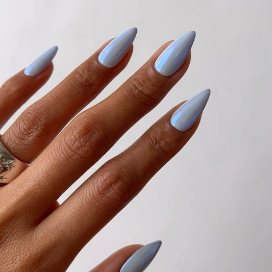 Light Blue Chrome Press on Nails Medium Almond, KQueenest Mirror Aurora Stiletto Fake Acrylic Nails with Bling Design, Reusable Glue on Nails for Daily Party Wear, False Nails Press ons in 24 PCS