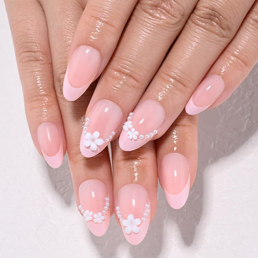 evpct Nude Pink French Press on Nails Short Almond with 3D Flower Design, Pink French Tip Stick on Nails for Women Gift, Reusable Full Cover Soft Press on Fake Nail Perfectly Fit with Pearl Design
