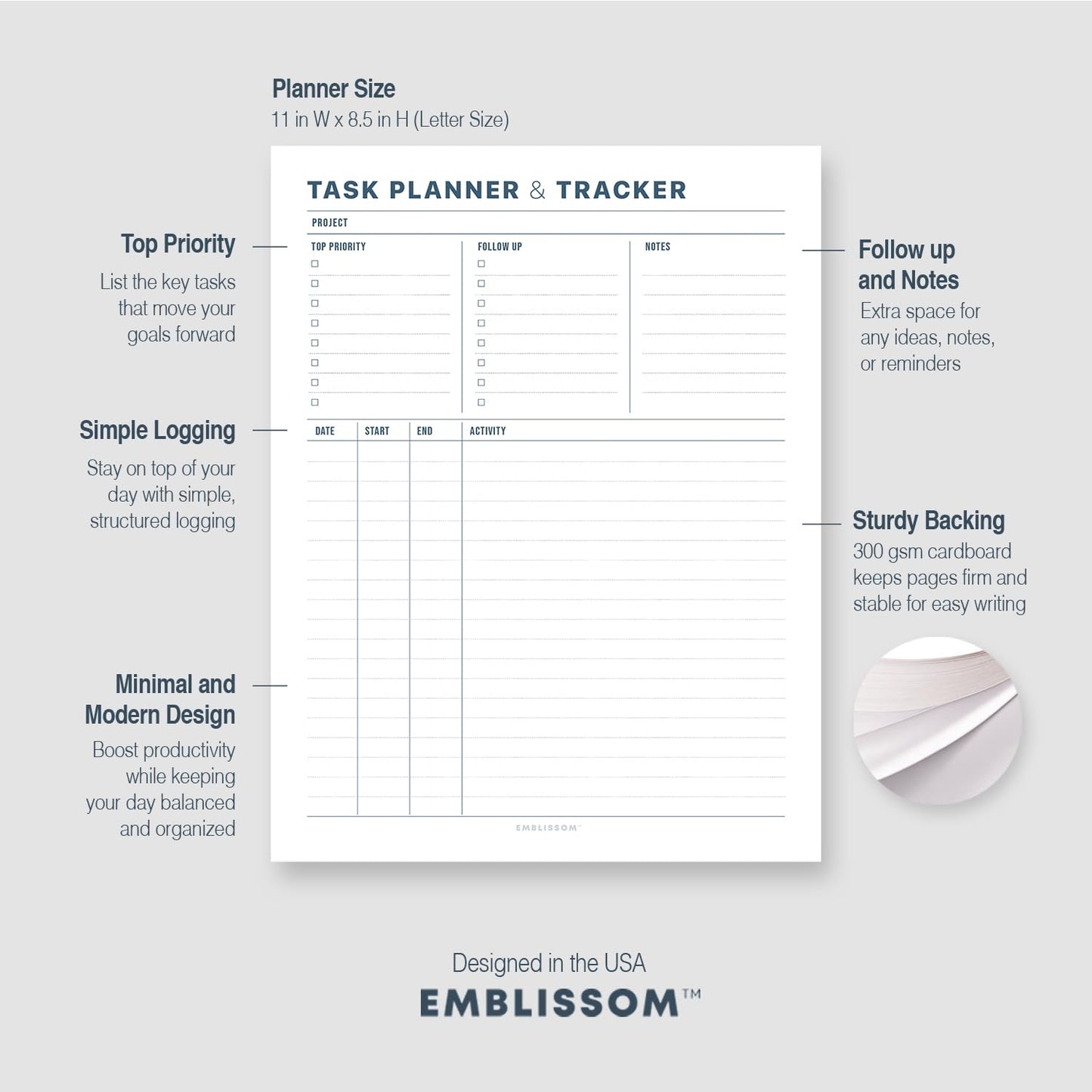 Task Planner & Tracker 8.5 x 11 Tear-Off 70 Sheet Planner Pad – Project Organizer with Time Log, Top Priority, Follow-Up – Notepad for Home & Office (White, Minimalist, 2 Pack)