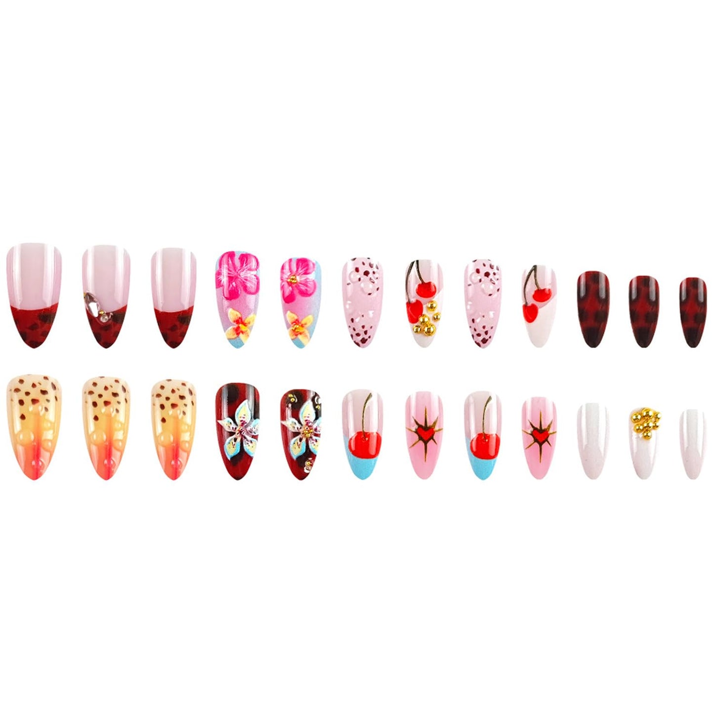 24pcs French Tip Press on Nails Medium Length Flower Embossed Fake Nails Cherry Design Glossy Almond False Nails Full Cover Press ons Simple Fashion Nail Tips Rhinestones Nails for Women
