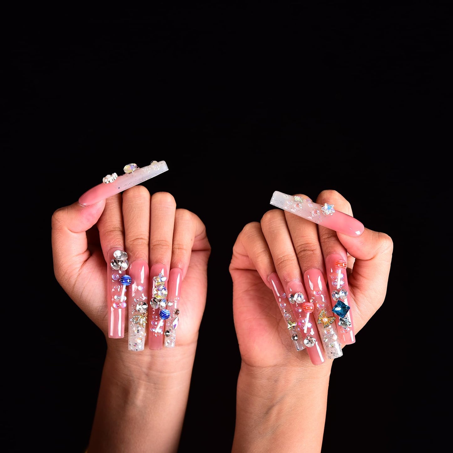 Tmani 10pc/set Extra Long Handmade Press On Nail Hot Girl's Long Ballet Nails Square Nail Full of Diamond Glitter Decoration Fake Nails Suitable For Girls Festival Parties and Birthday Gift (275,M)