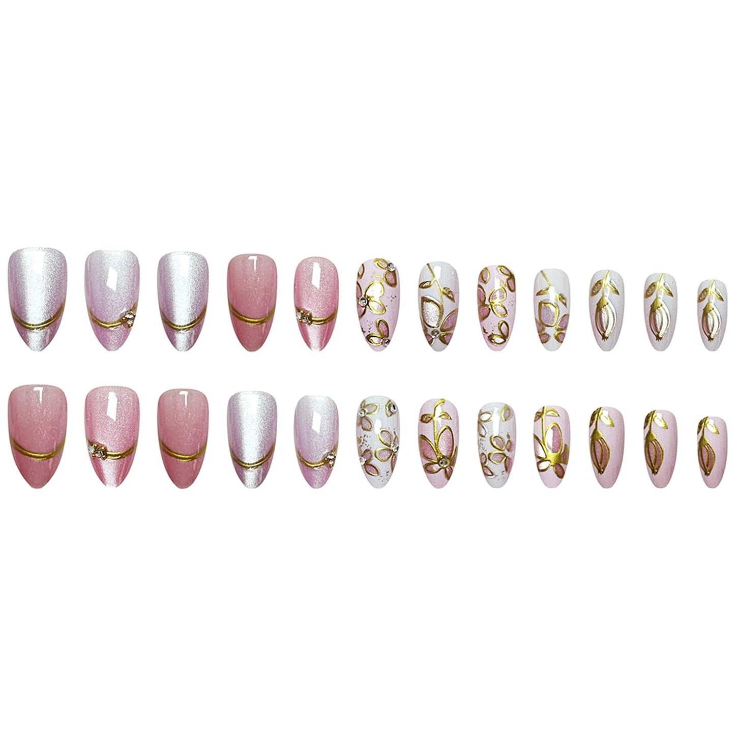 24Pcs Cute Flower Press on Nails Short Almond Fake Nails 3D Pink Purple Floral False Nails with Rhinestone Charms Design Nail Gilded French Tip Artificial Nail Glitter Full Cover Nails for Women