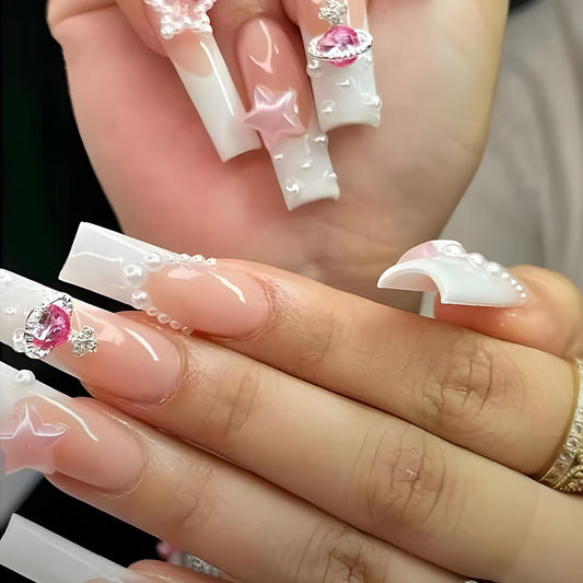 Vezocim Press on Nails Coffin Long French Tips Glossy Full Cover Acrylic Square Rhinestone Fake Nails with Star Gems Designs Extra Long False Nails Glue Stick on Fingernails with Charm for Women