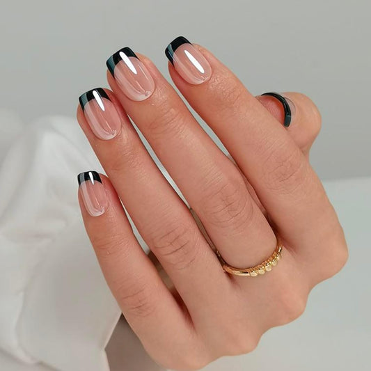 LAMIMOSA 32Pcs Black French Tip Press on Nails Short Square - Soft Gel Fake Nails in 16 Sizes, Reusable Glue on Nails Kit in Glazed Finish, Chrome False Nails, CAVIAR GLAZE