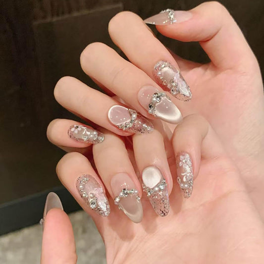 DANMANR Short Press on Nails Almond French Fake Nails Full Cover Nude Acrylic Sparkling Diamonds False Nails for Women and Girls24PCS (Pink Cat Eye)