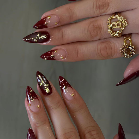 IMRAIN Press on Nails Medium Almond Fake Nails with 3D Golden Rose Designs Burgundy Acrylic False Nails Full Cover Stick on Nails for Women