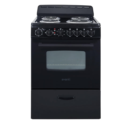 Avanti Electric Range Oven Compact Design, 2.6-Cu.Ft. Capacity with 4 Coil Burners, Framed Glass Oven Door, Storage Drawer and Broiler with Pan Perfect for Apartment RV Tiny Home, 24-Inch, Black