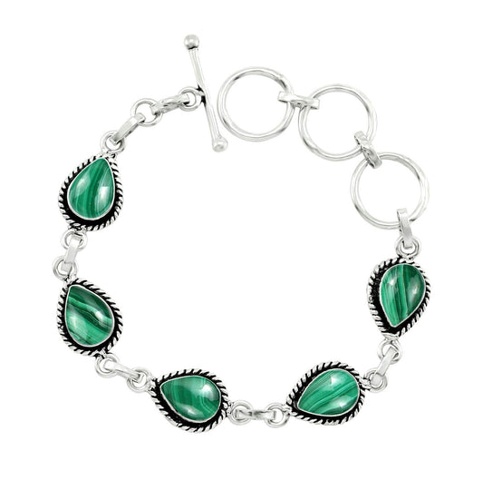 Natural Malachite Silver Plated Link Bracelet for Women - Green Stone April Birthstone Handmade Vintage Style Adjustable Jewelry Bracelet - Valentine Day Gifts for Her