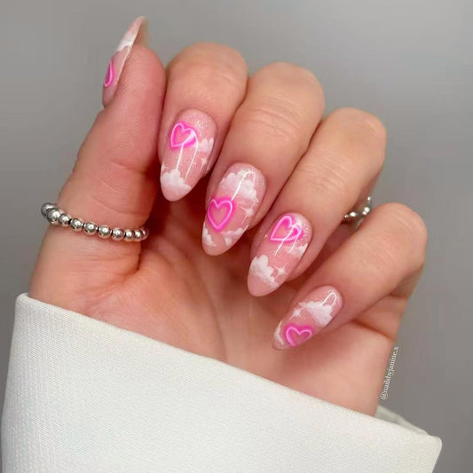 Heart Press on Nails Short Almond Artificial Acrylic Fingernails Translucent Pink Love with Irregular Clouds Full Cover Glossy Valentines Glue on Nail Artificial Nail for Women Festival Manicure