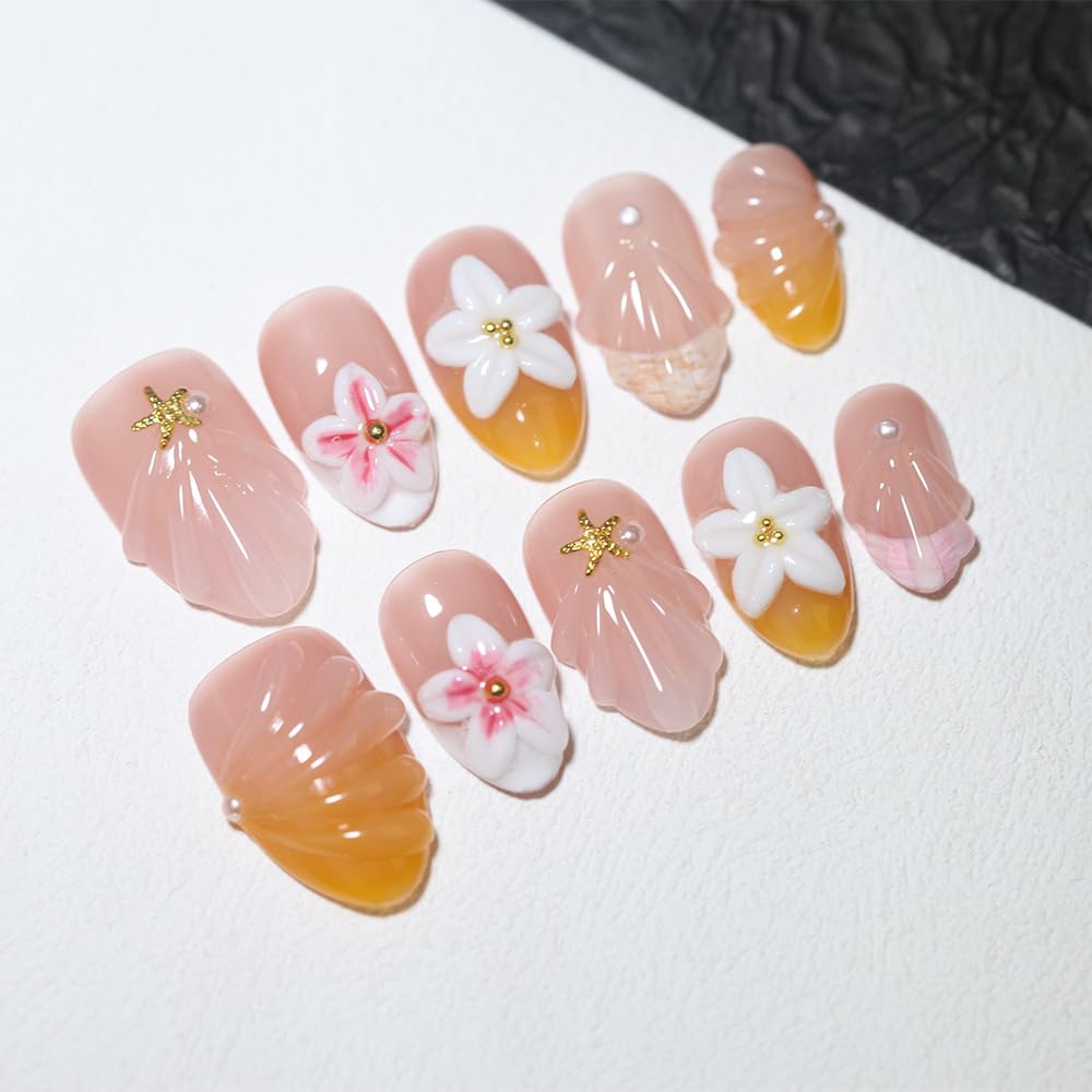 10Pcs Short Almond Handmade Press On Nails | Nude Pink & Yellow Ombre with 3D Seashell, Flower & Starfish Decor | Reusable Salon-Quality Fake Nails for Women and Girls (25902, XS)