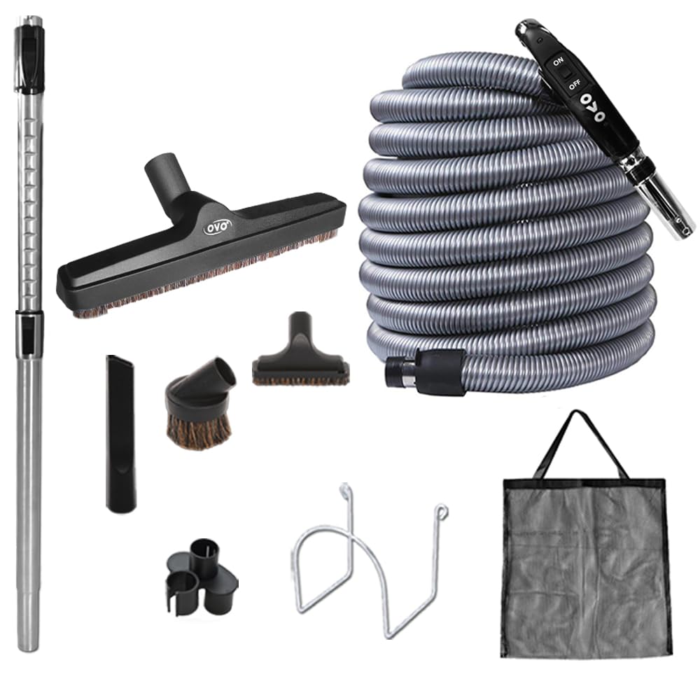 OVO Large and Powerful Central Vacuum System, Hybrid Filtration (with or Without Disposable Bags), 25L or 6.6 Gal, 630 Airwatts + 30 ft Premium Deluxe Accessory Kit