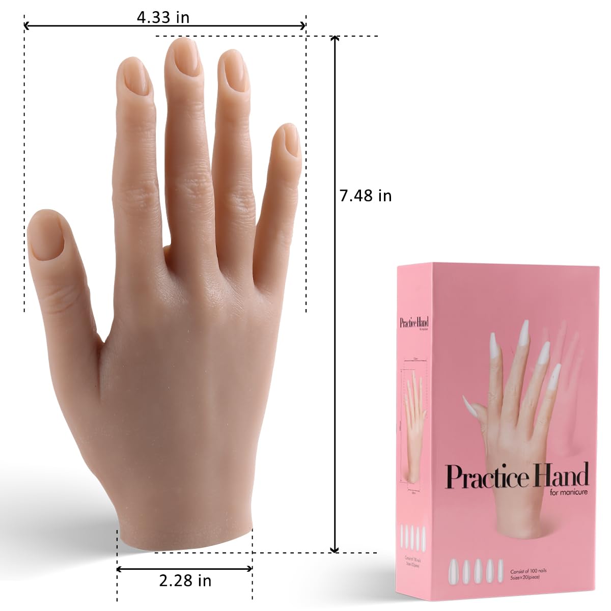 Fcozpjk Silicone Practice Hand for Acrylic Nails, Soft Flexible Fake Hand Practice Nail Acrylic Technician Fake Nail Mannequin Hand with 100PCS False Nail Tips, Nail Art Beginner Kit Training Tools