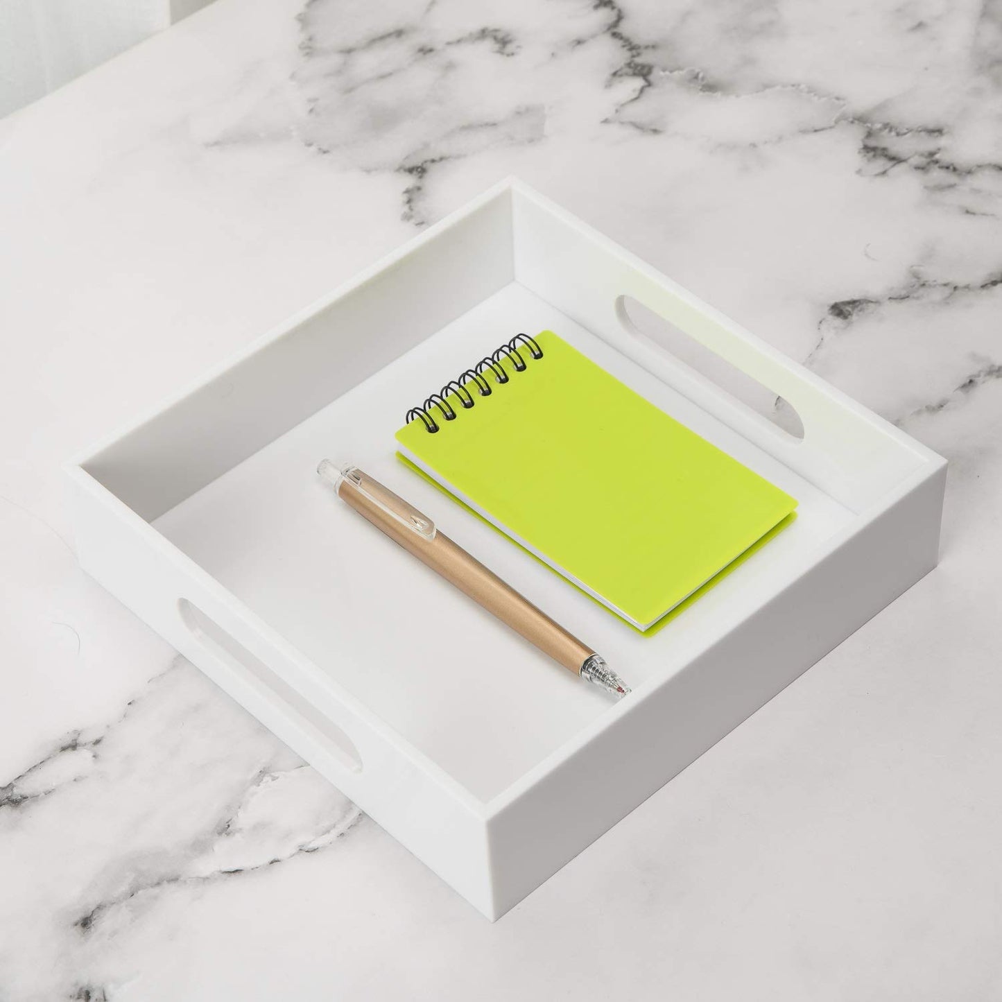 KEVLANG White Sturdy Acrylic Tray with Handles-8x8 Inch- Countertop Organizer Tray for Kitchen,Bathroom,Office- Storage Box for Cosmetics, Jewelry,Toiletries,Toy,Gadgets