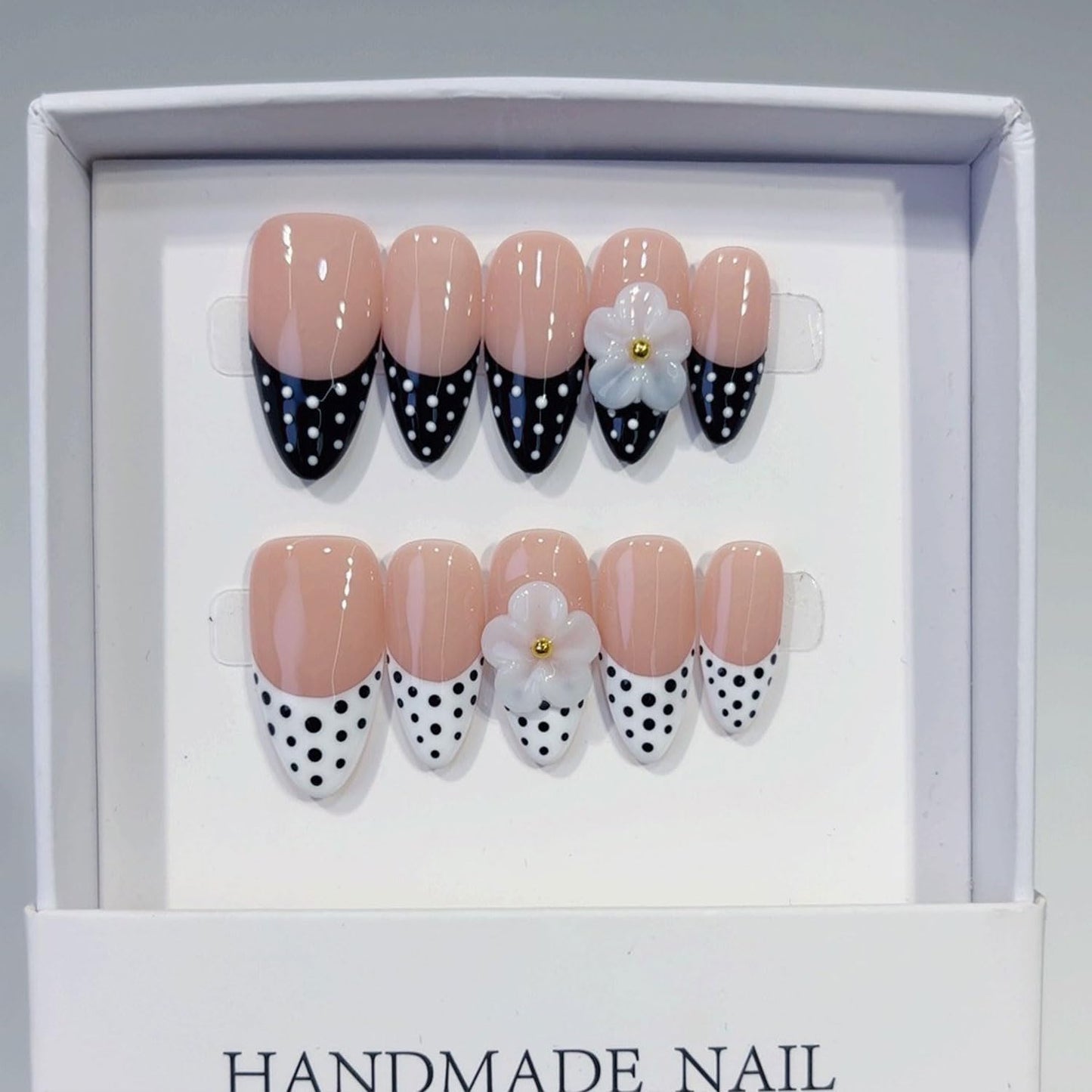 Polka Dot Press on Nails Medium Almond Fake Nails White Black French Tips Handmade False Nails Glossy Acrylic Nude Full Cover Glue on Nails Reusable Stick on Nail for Women Manicure 10 Pcs （M）