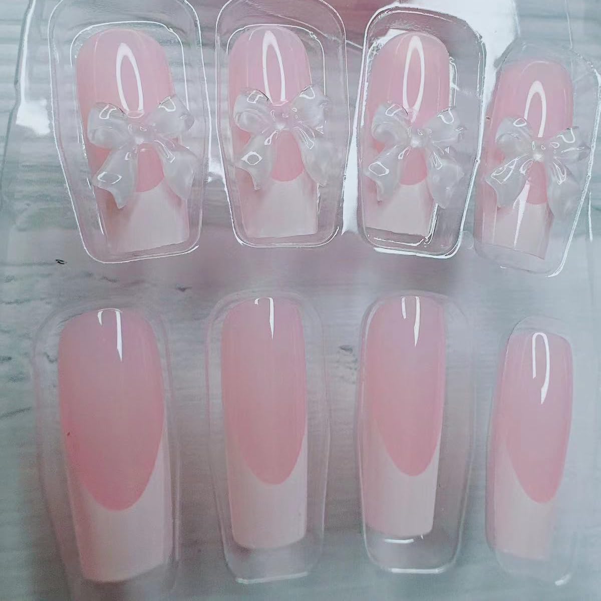 24pcs French Tip Press On Nails - Medium Length Almond Fake Nails With White Tips, Bow Charms & Nude Color Acrylic Finish - Perfect For Daily Wear & Manicure