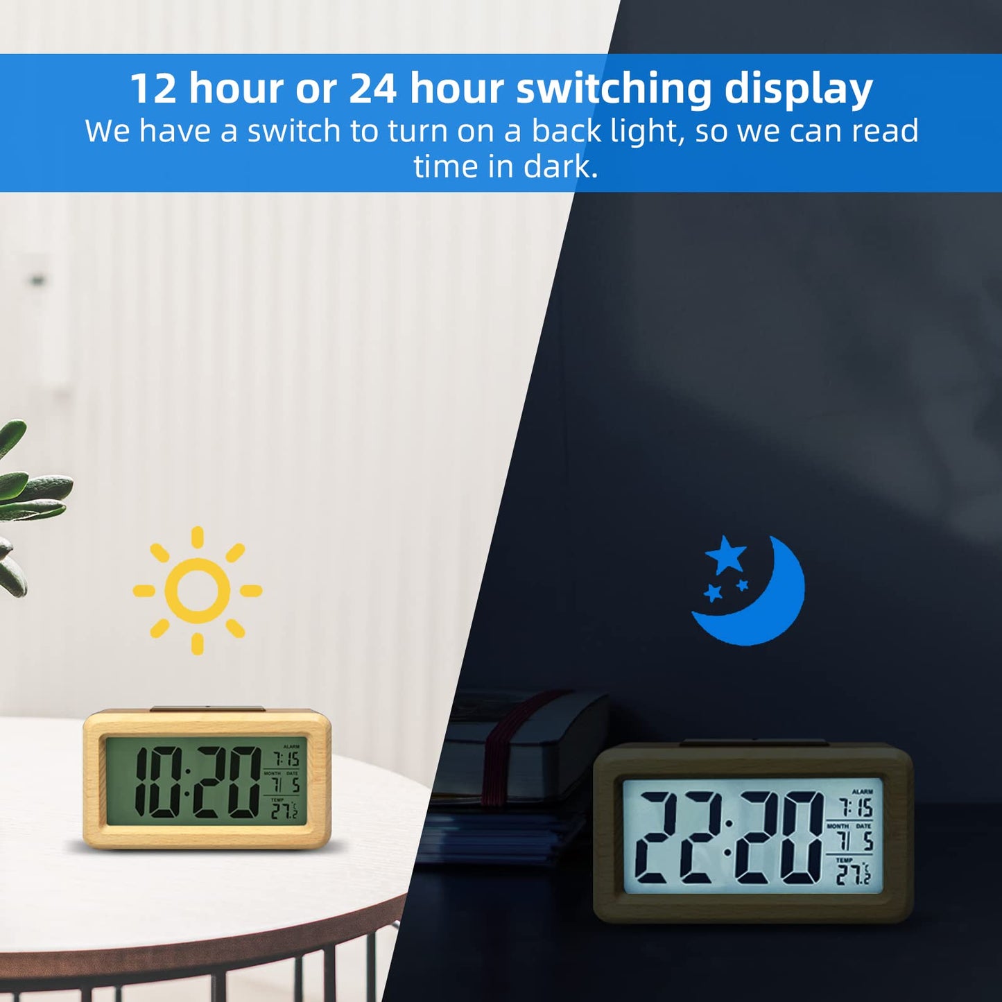 everwood Wooden Digital Battery Operated Alarm Clocks for Bedrooms, Beside, Table, Desk