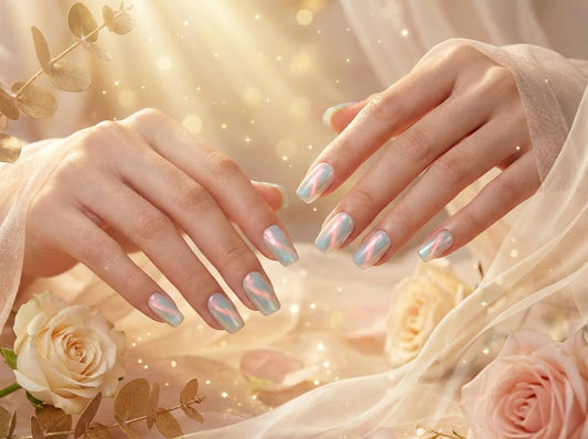 Oceanic Dream - Handmade Short Square Press on Nails Iridescent Pearl Cat Eye Fake Nails 10Pcs Size L Complete Kit Press Ons - Eli Miré