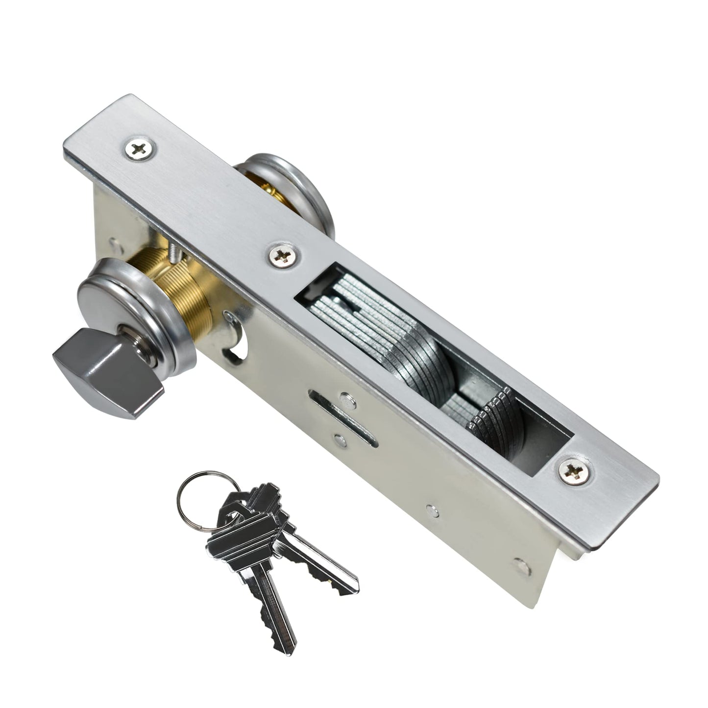 Storefront Door Mortise Lock Set, Commercial Aluminum Mortise Lock with Hook Deadbolt & Solid Brass Cylinder, Keyed, 1-1/8" Backset,Silver