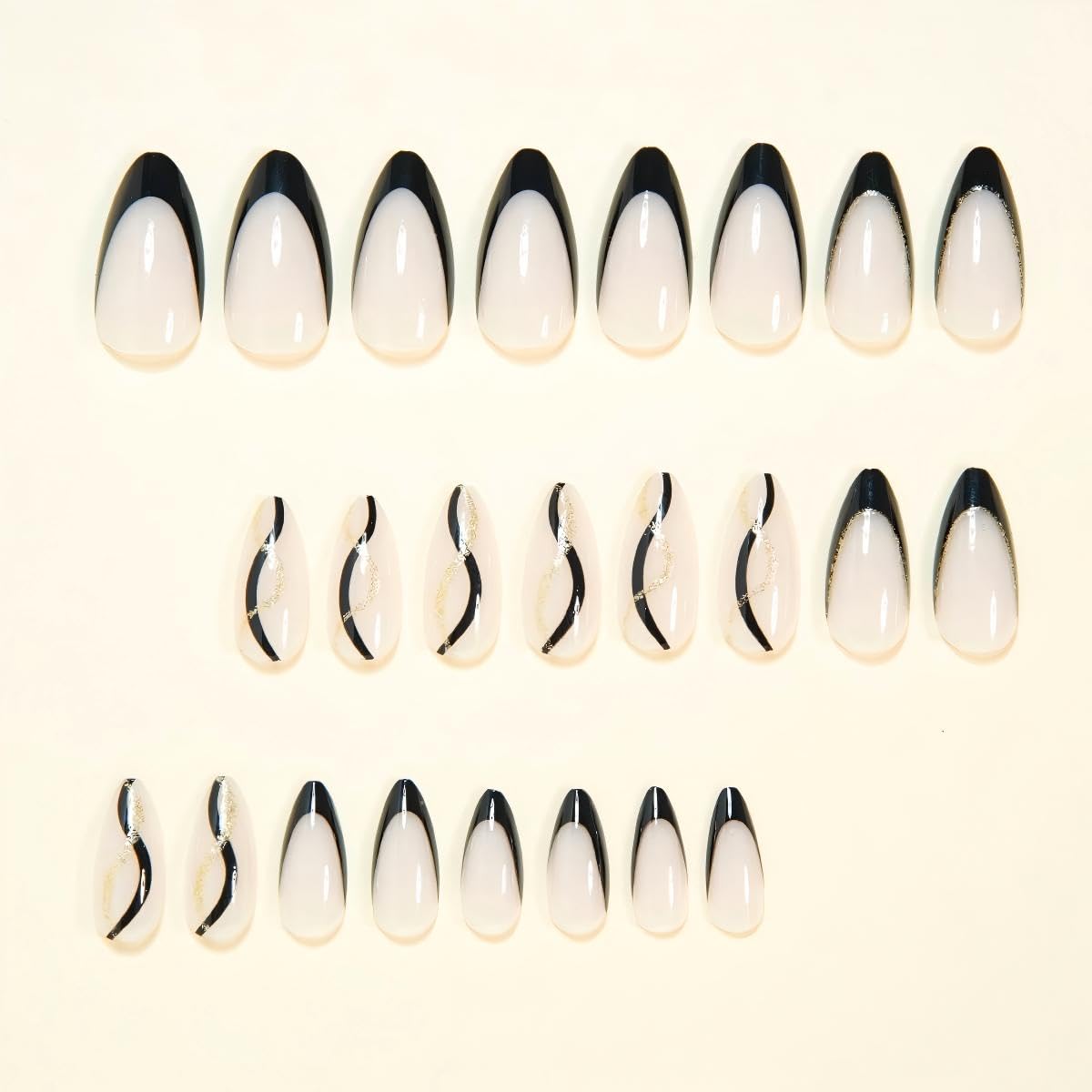 Black Press on Nails - French Tip False Nails with Gold Line Design - Almond Fake Nails Press ons - for Women 24 Pcs