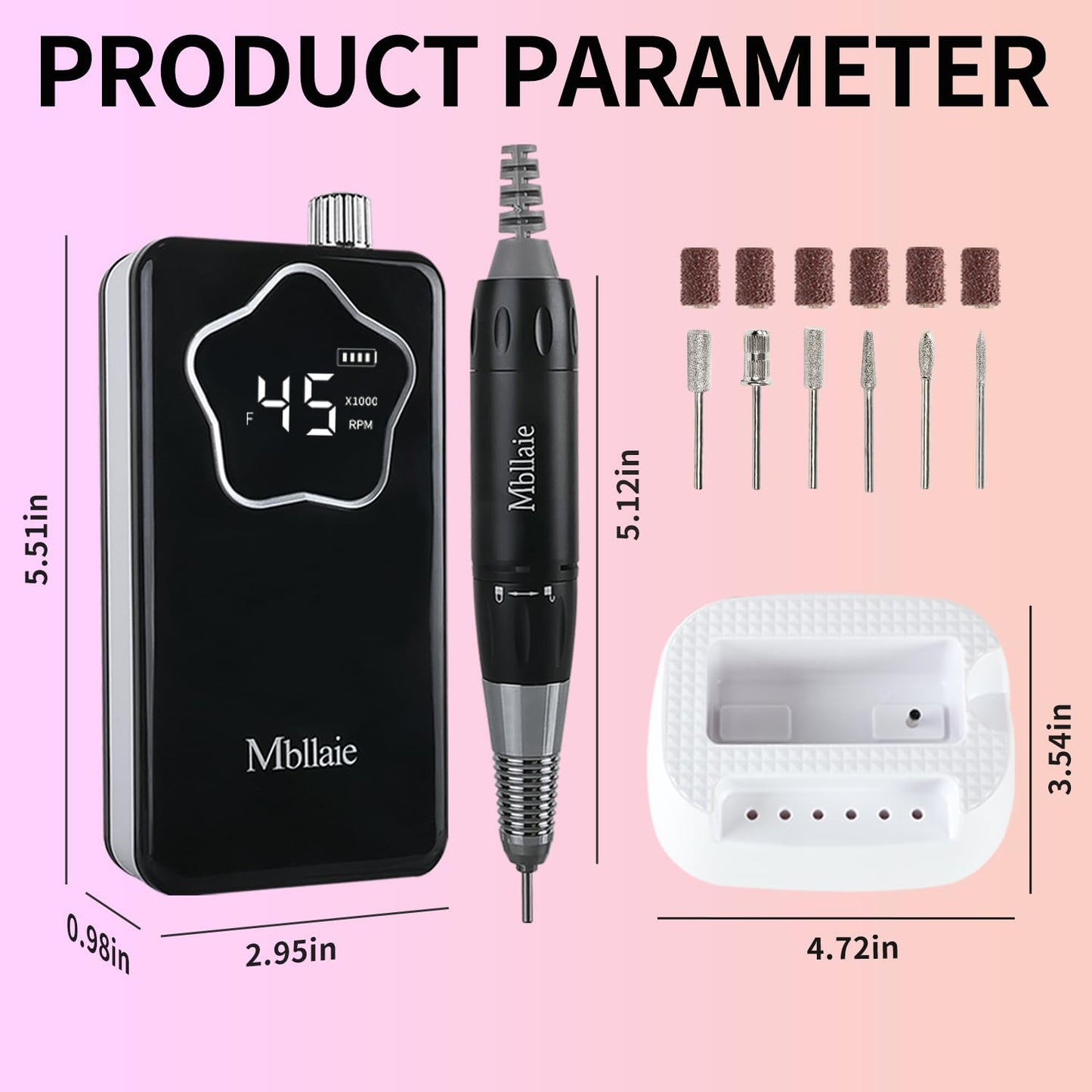 Professional Electric Nail Drill 45000 RPM：Rechargeable Nail File Machine Kit for Acrylic Gel Nails Polishing Removing Portable Cordless Efile with Base Ultra Power Salon & Home Use