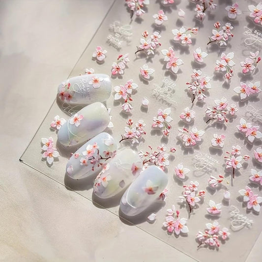 5D Embossed Flower Nail Stickers for Nail Art Designs 1PCS Cherry Blossoms Nail Decals Spring Summer Manicure Sliders Self-Adhesive Floral Supplies Pink Flower Nail Art Stickers for Nail Decoration