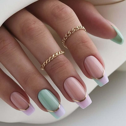 French Tip Press On Nails Medium Square Fake Nails Gold Line With Gradient Design Green False Nails Full Cover Glossy Acrylic Stick On Nail Artificial Cute Glue On Nail For Women 24pcs