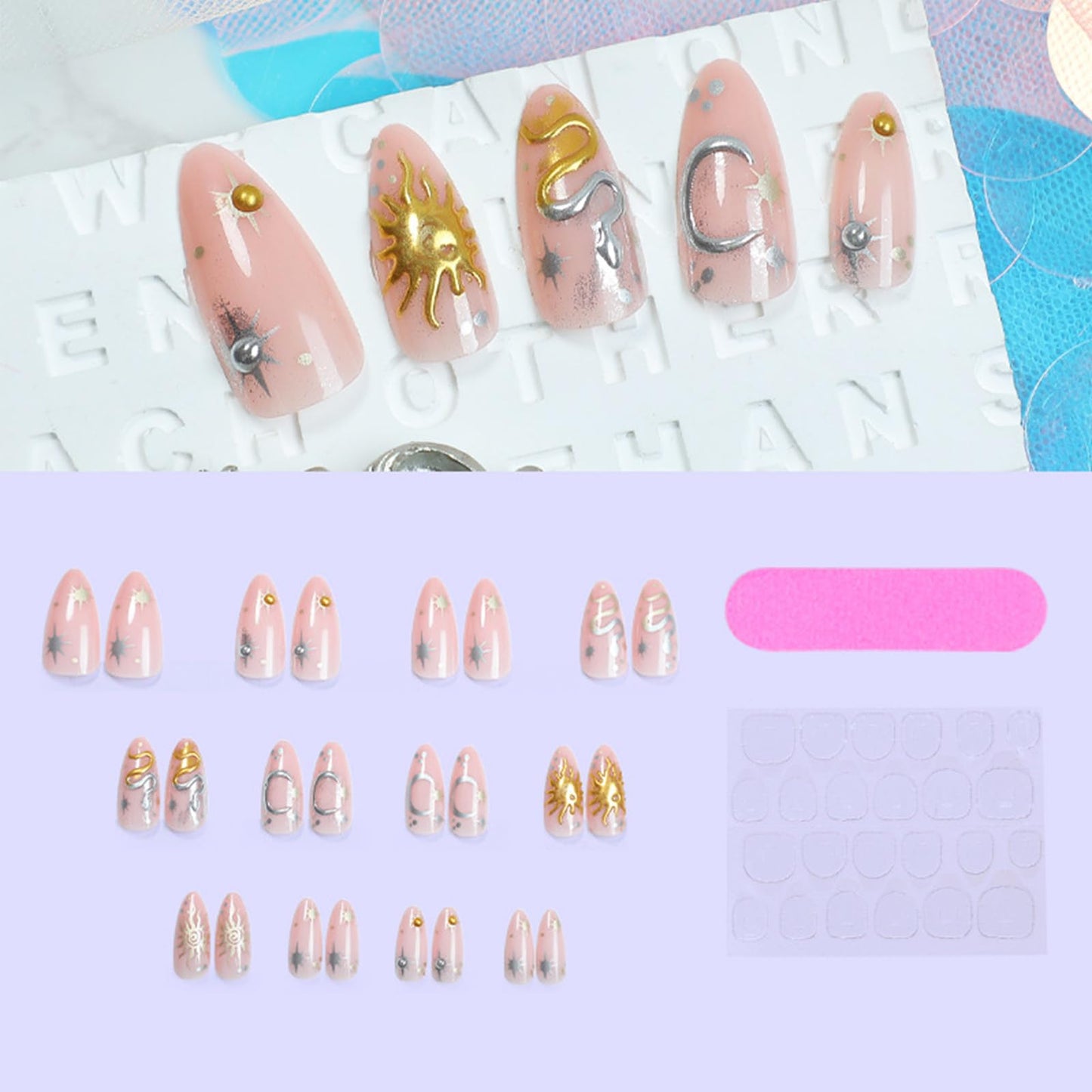 24Pcs 3D Snake Press on Nails Gold Sun Gel Glue on Fingernails Moon Medium Almond Fake Nails Glossy Silver Glitter Stick on Nail Acrylic Full Cover False Nail for Holiday Manicure Art