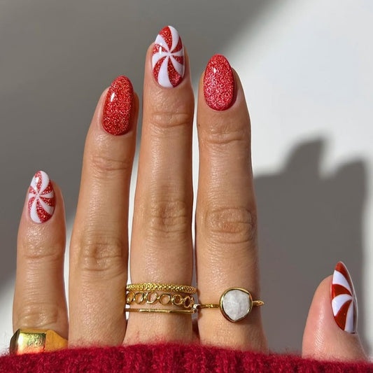 24Pcs Red Christmas Press on Nails Bling Almond Fake Nails with Candy Designs Stripe Winter False Nails for Women Xmas Full Cover Glue on Nail Medium Nails Press ons Holiday Manicure Kit