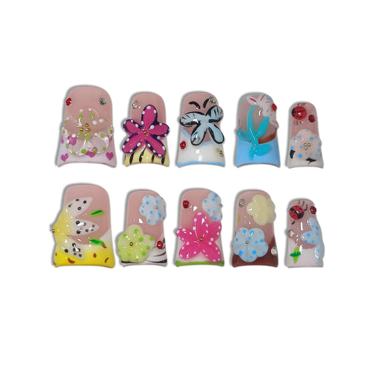 TENPAL Duckbill Press on Nails - Bright Pastel Floral French with 3D Butterflies | Glossy Handmade False Nails | Whimsical Cottagecore Style(XS)