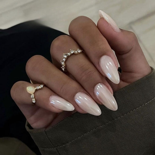 Milky White Press On Nails Almond - KQueenest Chrome Press On Nails Medium, Pearlescent Fake Nails Press ons, Glitter Glue on Nails Medium Stiletto, Glazed Gel Stick On Nails for Women Wedding Wear