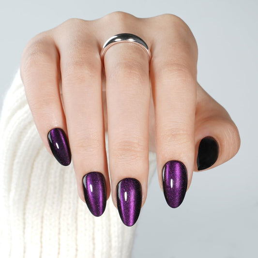 Leefrei Purple Cat Eye Press on Nails - Short Almond Cat Eye Nails, Soft Gel Violet Reusable Glossy Fake Nails Press ons for Women, 32 pcs in 16 Sizes False Nails Kit with Glue, Violet Mirage