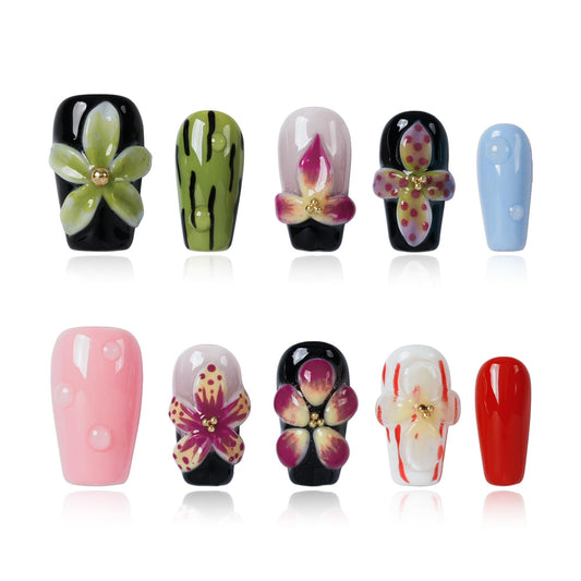 Tesytto Dopamine Tropical Press-On Nails Short Coffin, 3D Floral French Tip Glossy Fake Nails Nail Art for Summer Beach (Tropical Floral Shadow,S)