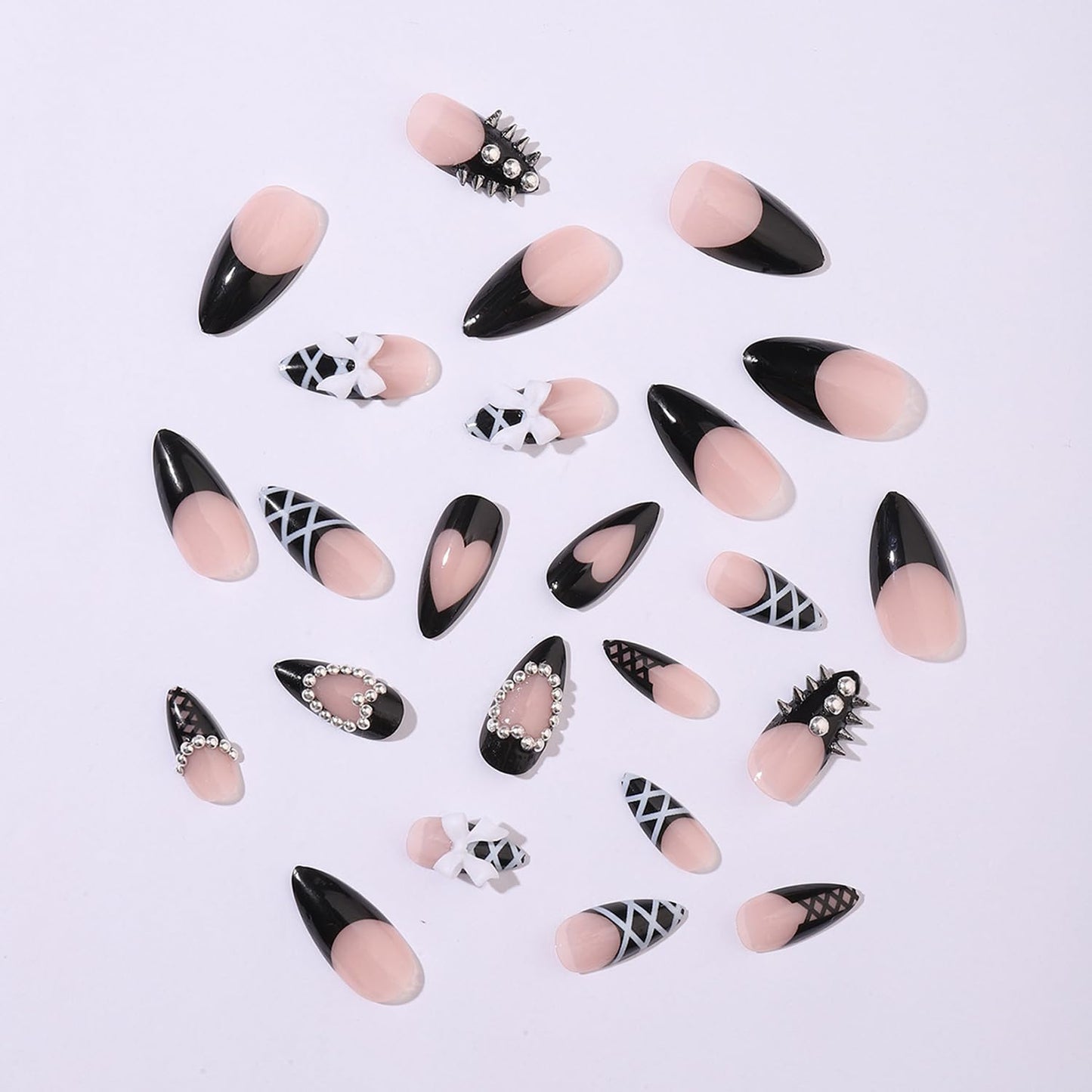 French Tip Press on Nails with Charms Fake Nails Heart with Studs Pearls Designs French Nails Press on Almond Shape Acrylic Nails Rhinestones Nails Cute Bow Stick on Nails for Women Daily Wear