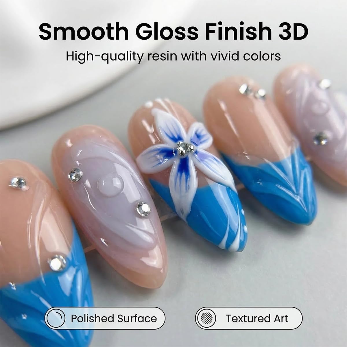 10pcs Handmade Press on Nails Almond Medium False Nails Blue French Tip Fake Nails with 3D Flower Designs Glossy luxury Rhinestones Cute Acrylic Nails for Women (Size M）