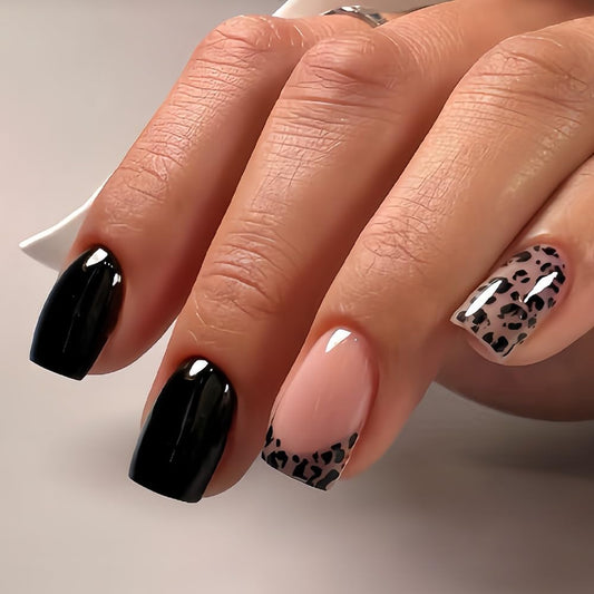 Short Square Press on Nails - Black Fake Nails with Solid Color Design - French Tip False Nails Press ons - for Women 24 Pcs